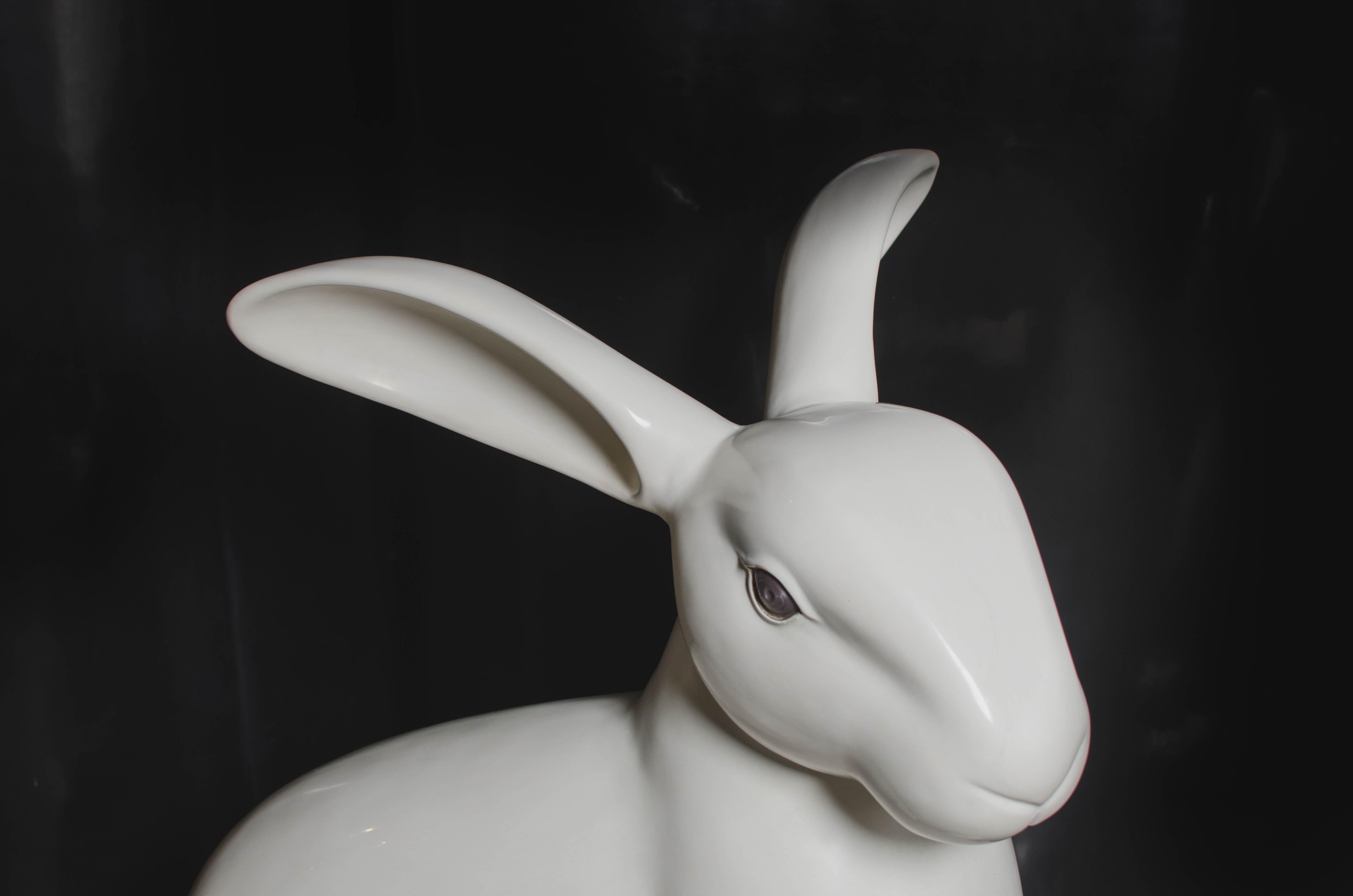 Repoussé Rabbit Sculpture, Cream Lacquer by Robert Kuo, Hand Repousse, Limited Edition