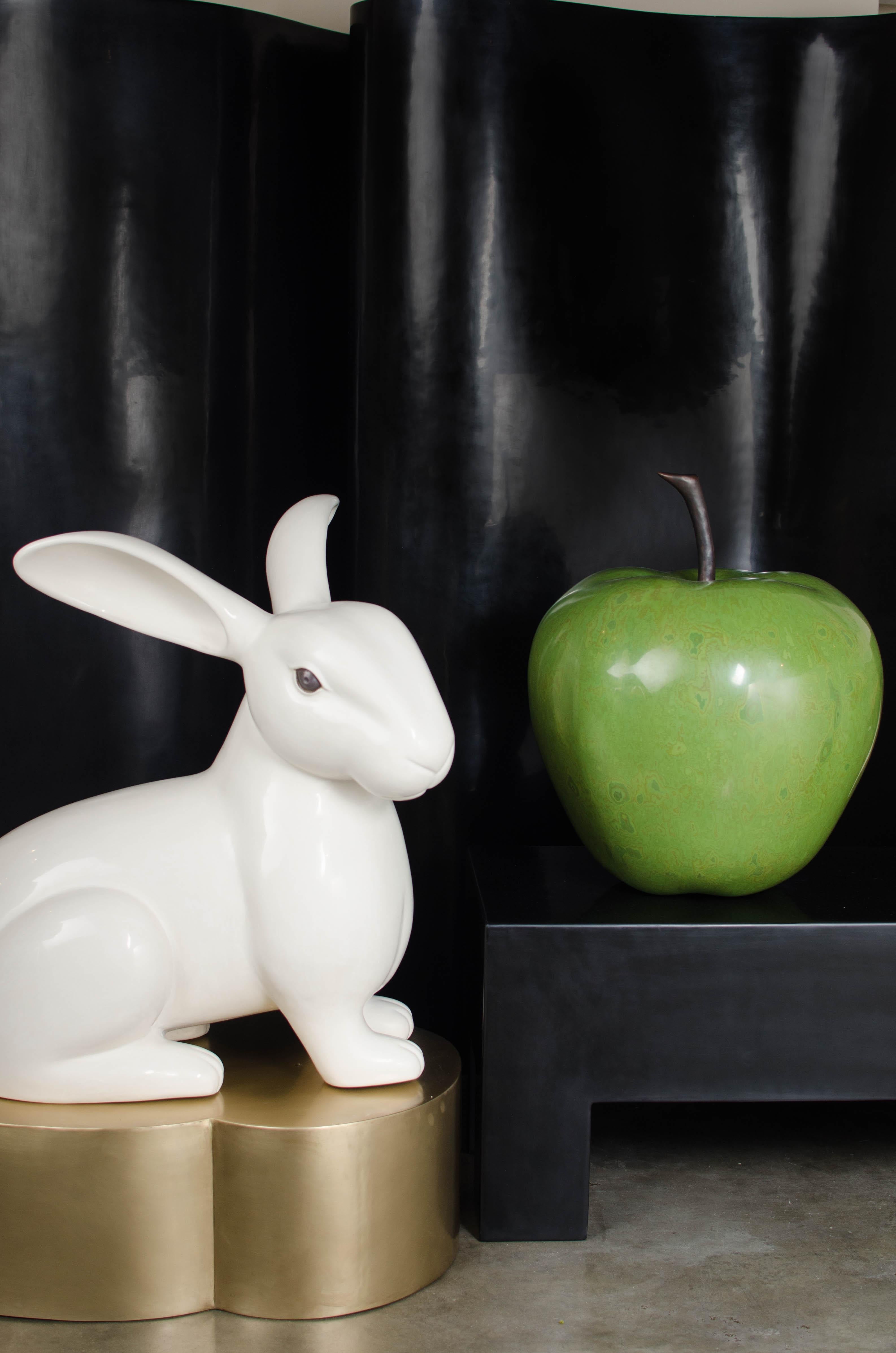 Contemporary Rabbit Sculpture, Cream Lacquer by Robert Kuo, Hand Repousse, Limited Edition