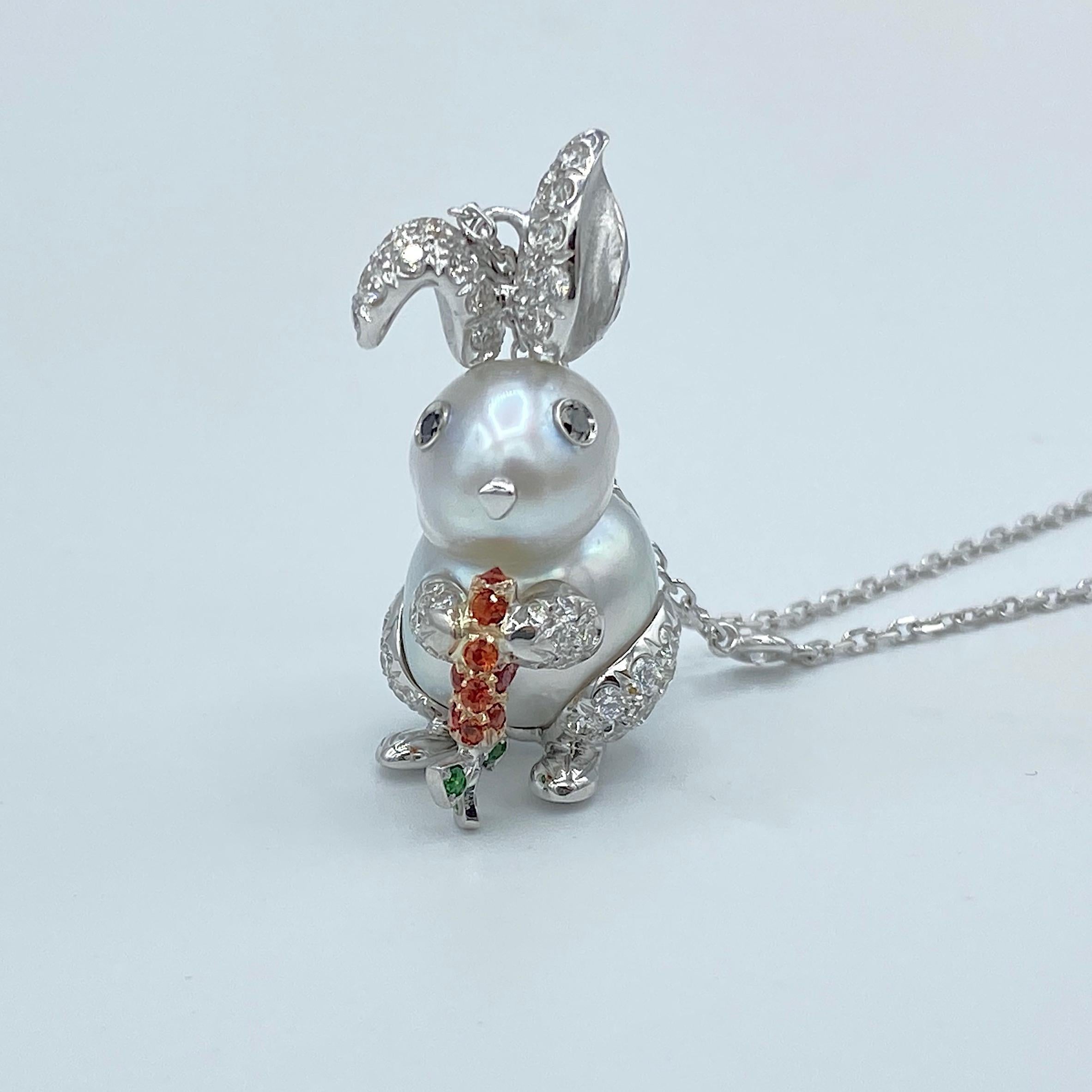 Artisan Rabbit White Black Diamond Orange Sapphire Tsavorite 18Kt Gold Pendant Necklace