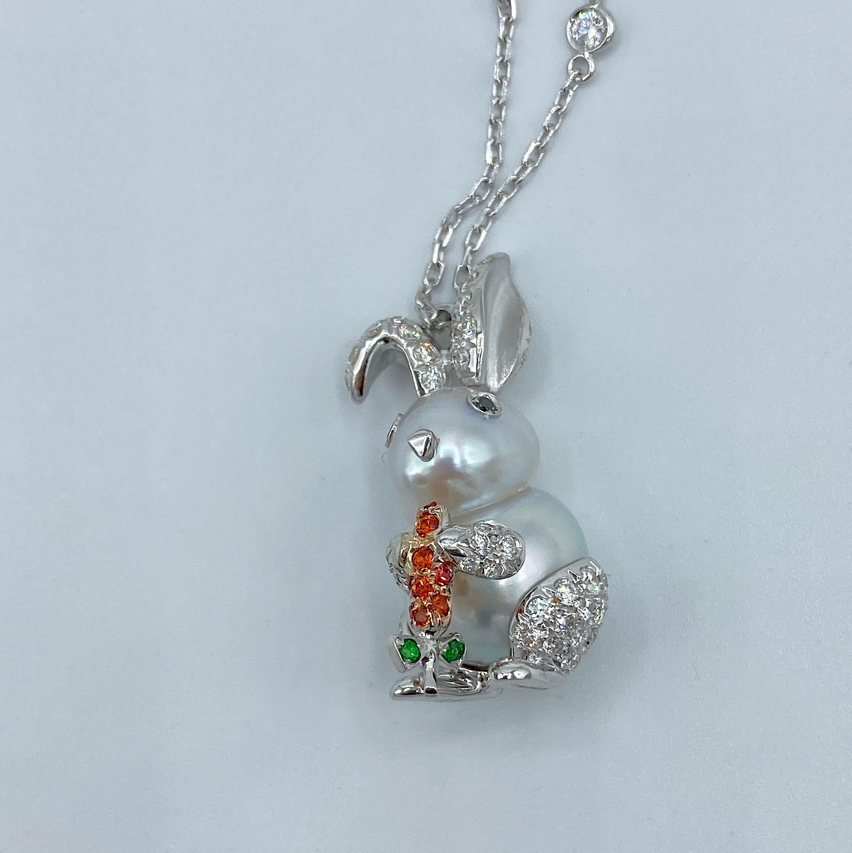 Women's Rabbit White Black Diamond Orange Sapphire Tsavorite 18Kt Gold Pendant Necklace