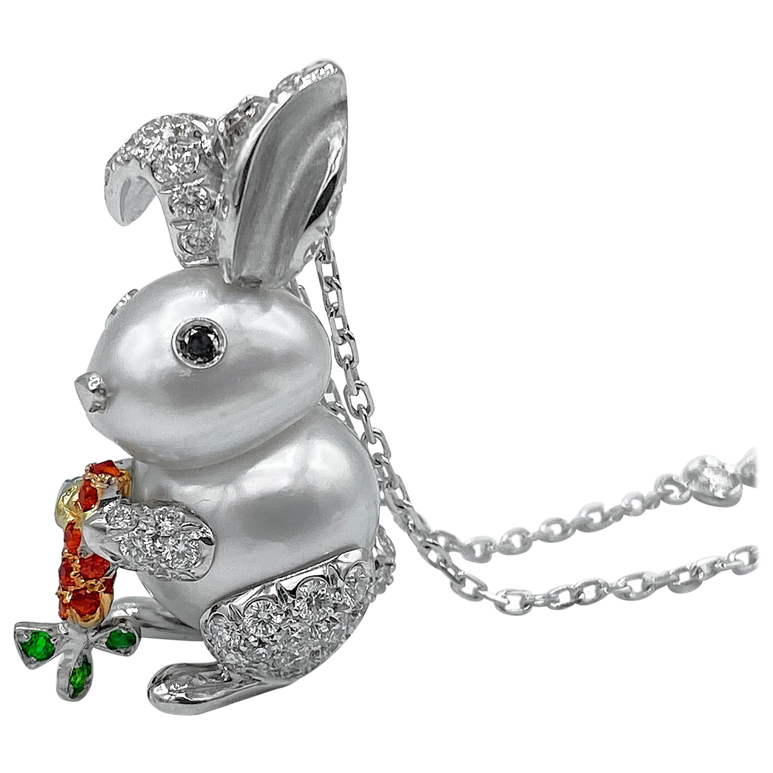 Rabbit White Black Diamond Orange Sapphire Tsavorite 18Kt Gold Pendant Necklace