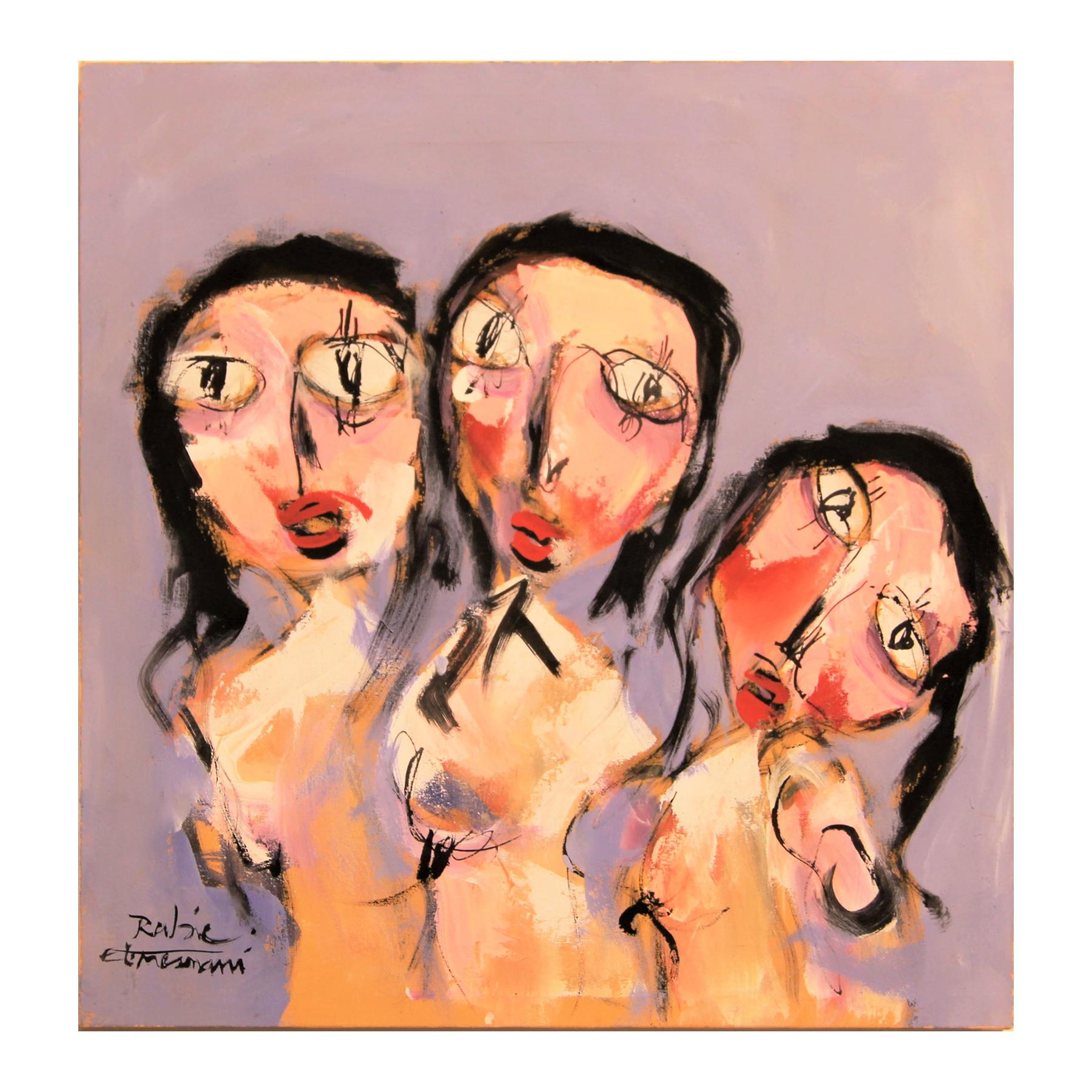 Rabie El Mesnani Figurative Painting - Purple, Yellow, and Pink Toned Abstract Modern Portrait of Three Female Figures