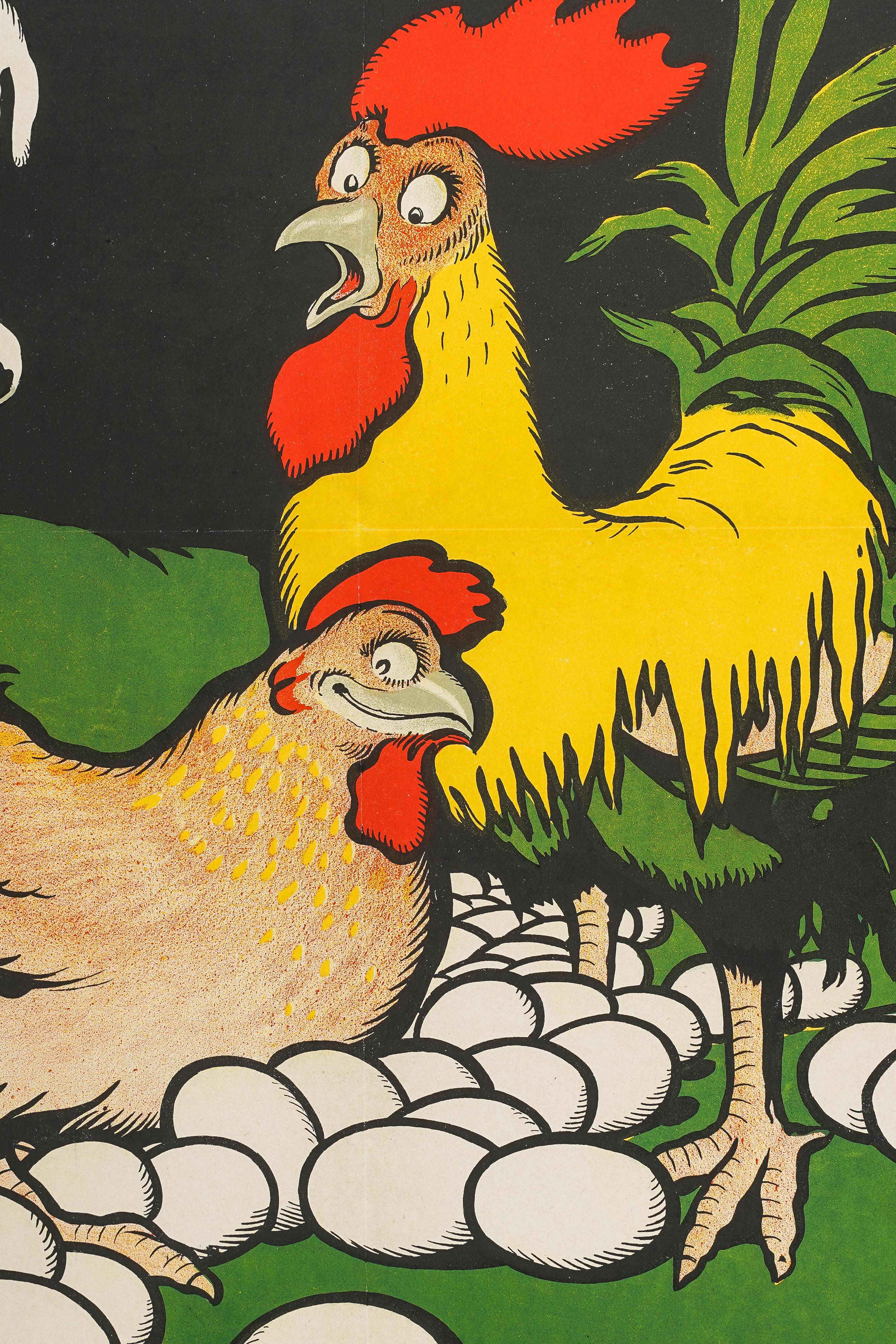Poster creato da Benjamin Rabier nel 1928 per promuovere le galline ovaiole.

Artista: Benjamin Rabier
Titolo: La Pondeuse
Data: 1928
Dimensioni (l x h): 23,9 x 31,3 in / 60,6 x 79,6 cm
Stampante: Litho. Marci Bruxelles
Materiali e tecniche:
