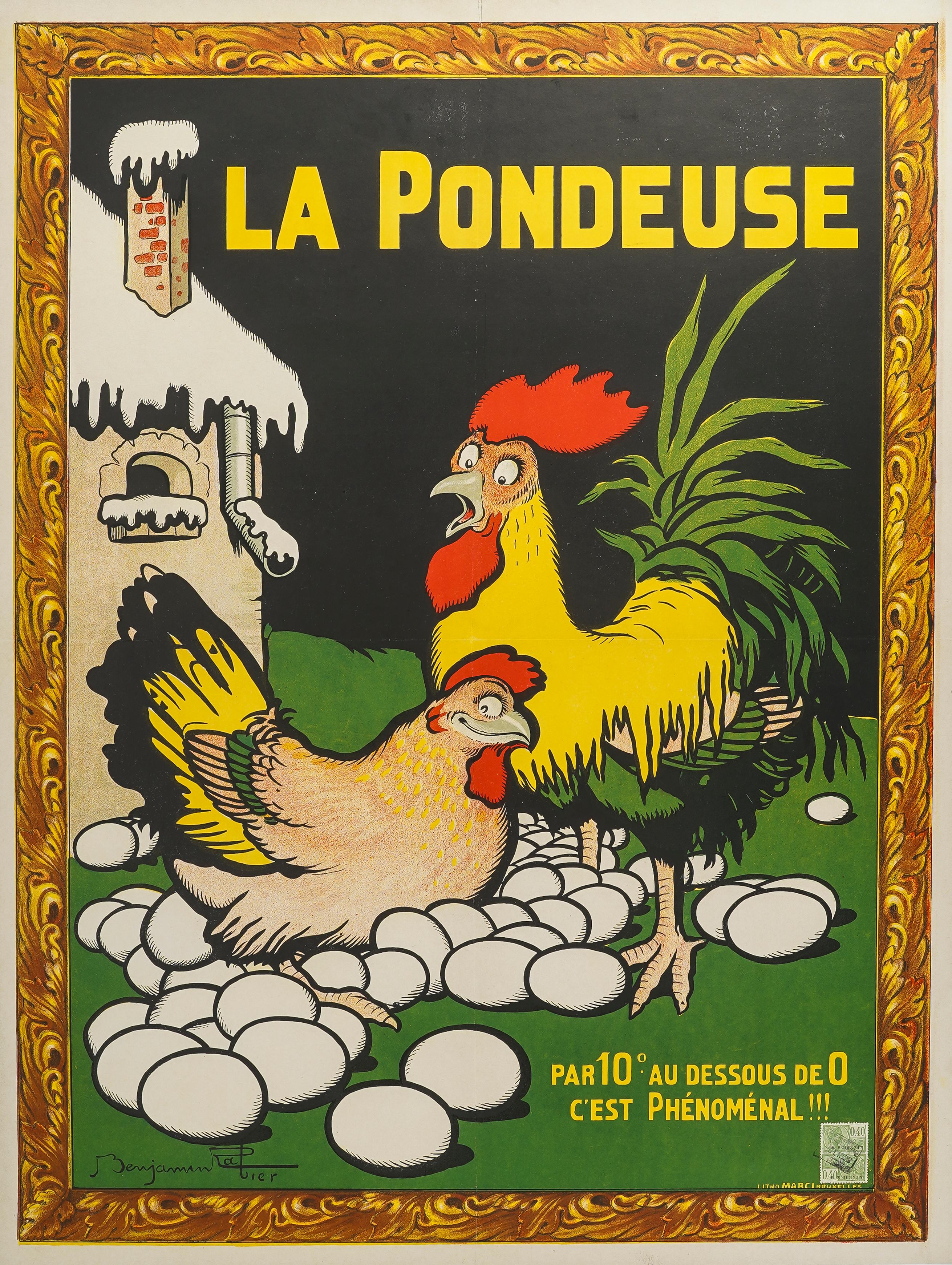 Mid-Century moderno Rabier, Poster alimentare originale, gallina che depone le uova, gallo, cucina, animale Neve 1928 in vendita