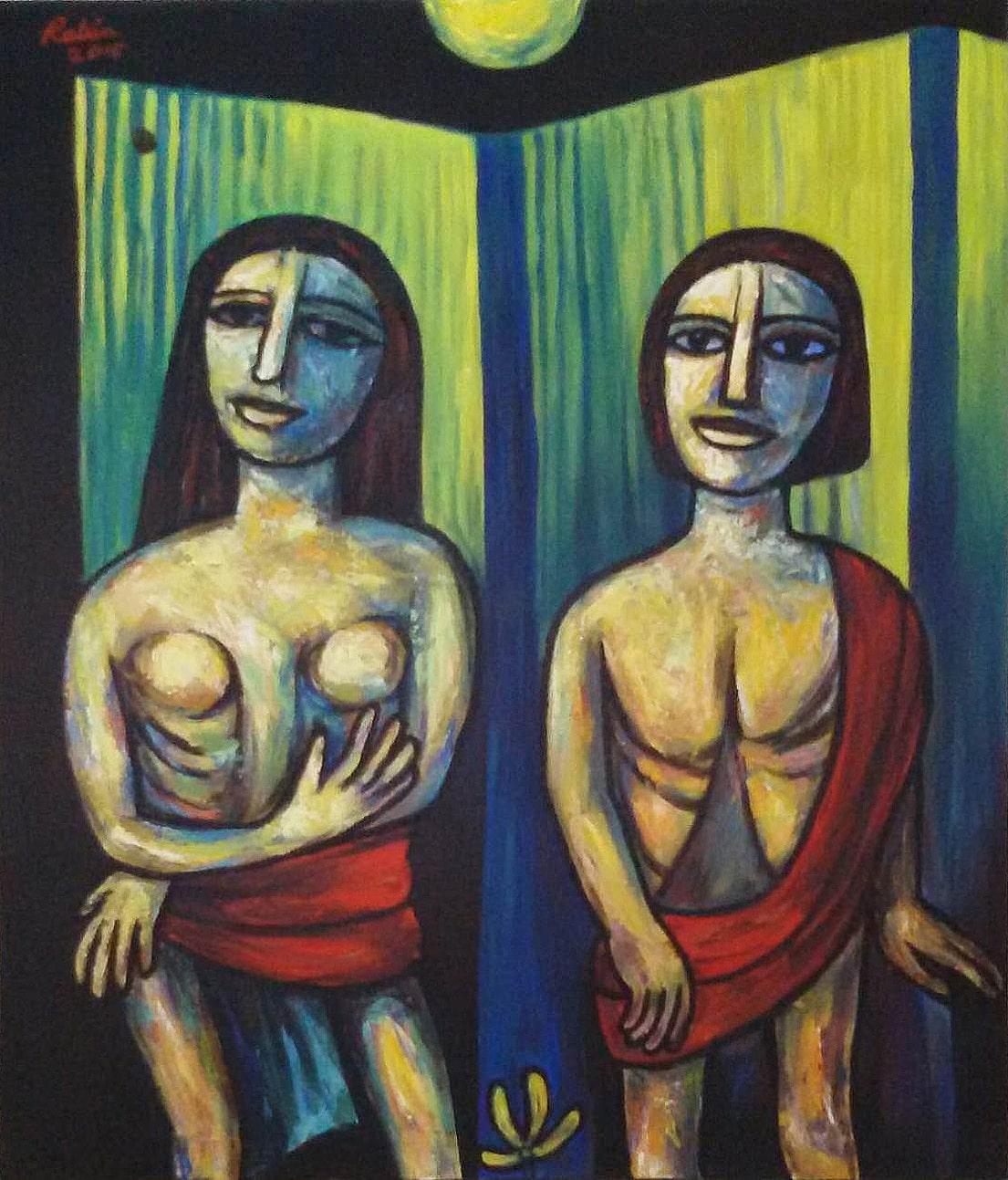 Couple, huile et acrylique sur toile d'un artiste indien moderne, en stock