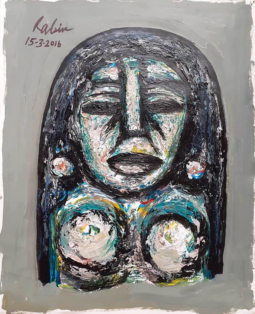 Rabin Mondal - Deity, Acrylic on Paper
22 x 15 inches (unframed) ; 2016

Mondal was a clear observant of the various migrant workers who lived along his house in the conjected Howrah Area. They came from far to work and earn their livelihood. He