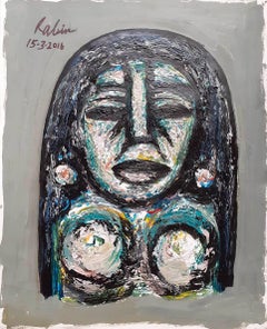 Deity, Acrylic on Paper, Green, Grey, Black Color by Rabin Mondal “In Stock”