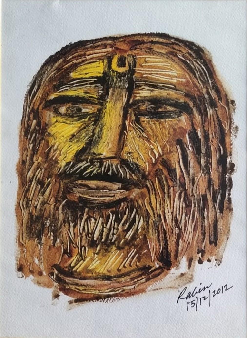 Face, acrylique sur papier de l'artiste indien moderne Rabin Mondal en stock