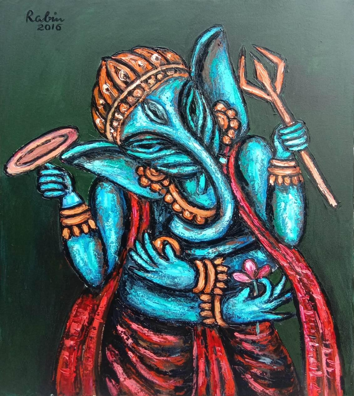  Ganesha, God, Acrylic & Oil on Canvas by Modern Indian Artist 