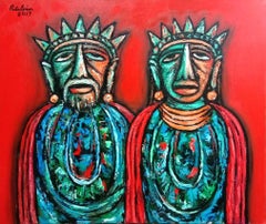 King Queen, Acrylic on Canvas, Red, Blue Green Colors by Rabin Mondal “In Stock”