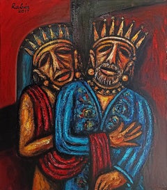 King Queen, Acrilico su tela, colori rosso, blu e verde di Rabin Mondal "In magazzino".