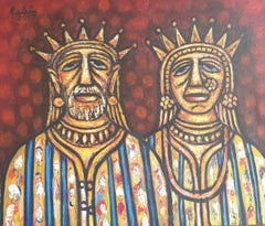 King Queen, Acrylic on Canvas, Red, Yellow color by Rabin Mondal “In Stock”