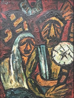 Migrant Workers, Oil on Board by Modern Indian Artist “In Stock”