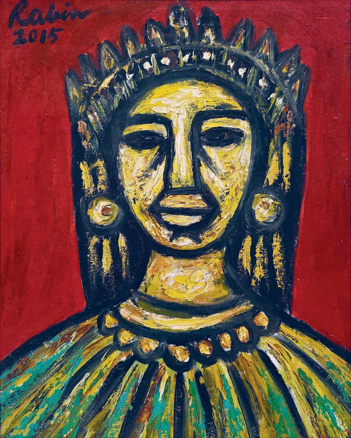 Rabin Mondal - Königin
Öl auf Leinwand
20 x 16 Zoll, 2015
( Gerollt & Geliefert ) 

Das Gemälde Queen (2015) von Rabin Mondal strahlt eine souveräne und zugleich introspektive Präsenz aus, die die tiefe Auseinandersetzung des Künstlers mit der Würde