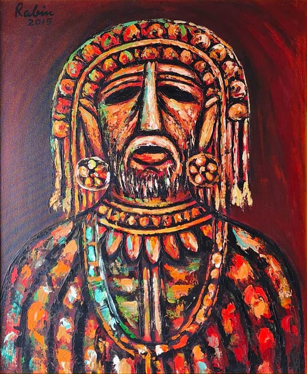 Rabin Mondal - Untitled
Acrylic on Canvas
36 x 30 inches, 2015

This captivating artwork by Rabin Mondal portrays a powerful tribal figure with a commanding yet introspective presence. The subject, adorned with an elaborate headdress, bold circular
