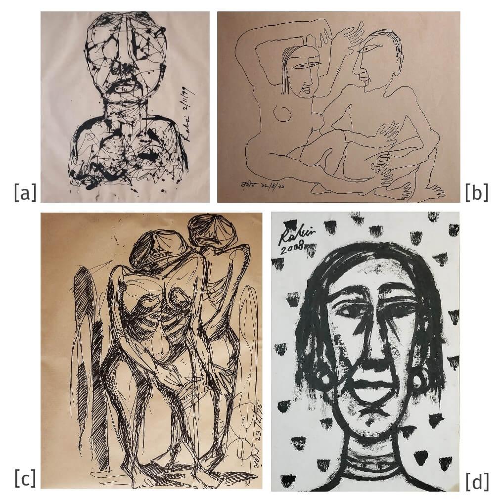 Rabin Mondal
(Unframed & Delivered)
(a) Untitled, Ink on Paper  9 x 7.9 inches  1979
Mondal’s expressive ink drawing brims with raw emotion and psychological intensity, rendered in a web of bold, erratic lines. This untitled work reveals his deep