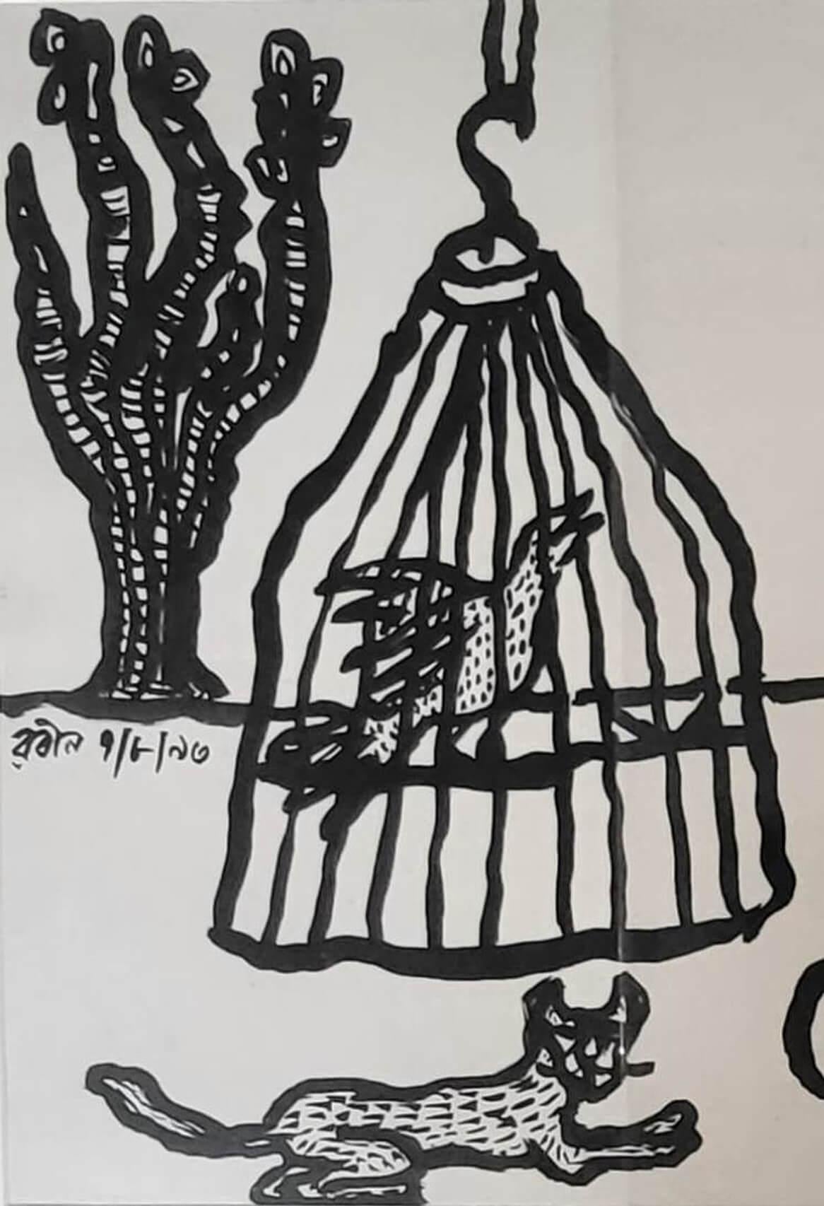Untitled, Tinte auf Papier, Schwarz von dem modernen indischen Künstler Rabin Mondal, auf Lager im Angebot 1