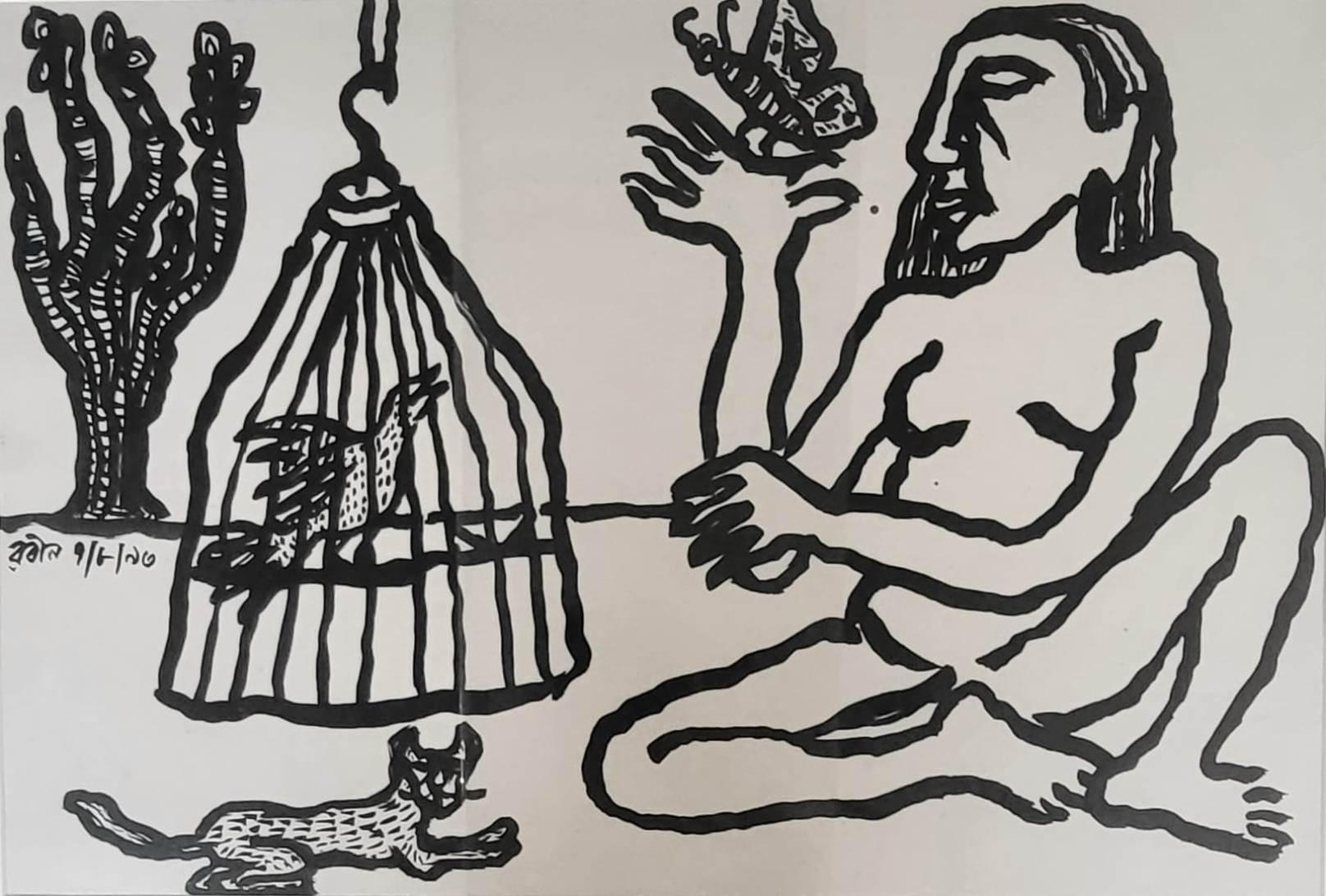 Rabin Mondal - Untitled ; Ink on Paper
15 x 22 inches (unframed size)  
1993
( Unframed & Delivered )


Mondal was a clear observant of the various migrant workers who lived along his house in the conjected Howrah Area. They came from far to work