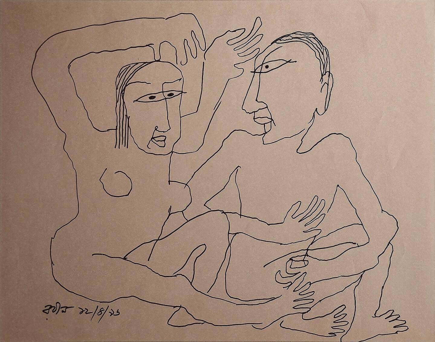 Rabin Mondal - Ohne Titel
Tinte auf Papier
10,3 x 13,4 Zoll, 1996
( Ungerahmt & Geliefert )

In dieser unbetitelten Tuschezeichnung von 1996 fängt Rabin Mondal mit kühnen, ungebrochenen Linien und übertriebenen Formen einen ausdrucksstarken Moment