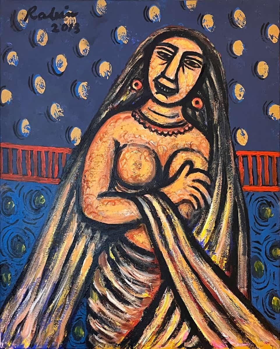 Rabin Mondal - Women-4
Acrylic on Canvas
30 x 24 inches, 2013

This evocative artwork presents a solitary female figure enveloped in a flowing drape, rendered with expressive lines and a vibrant, emotionally charged palette. The composition is