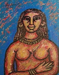 Mujer, acrílico sobre tabla del artista indio moderno Rabin Mondal "En Stock"