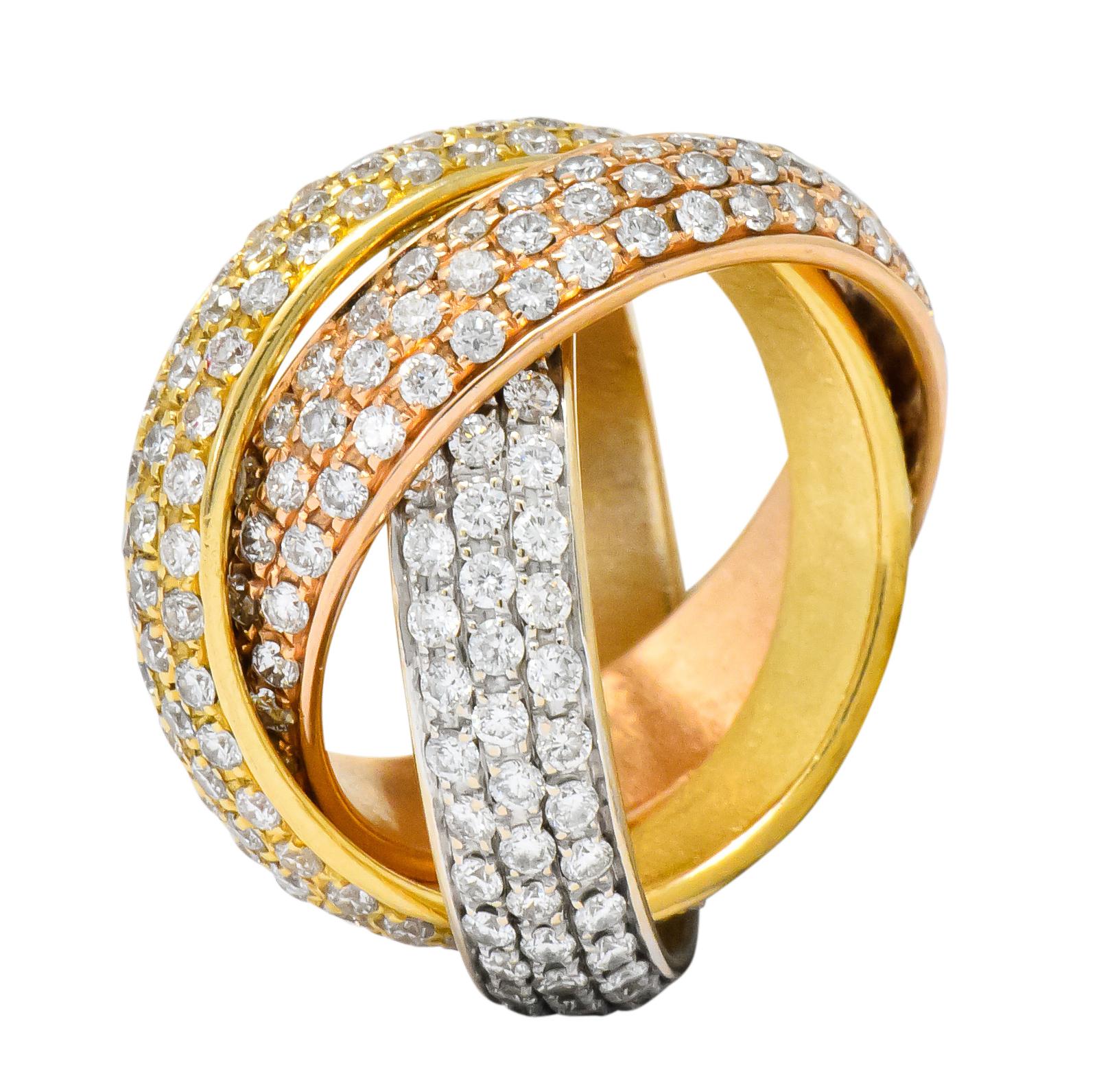 Rolling style ring with three intersecting pavé diamond bands of white, yellow and rose gold

Set throughout with round brilliant cut diamonds weighing approximately 5.00 carats total, H/I color and VS to SI clarity

Fully signed Rabino with Italian
