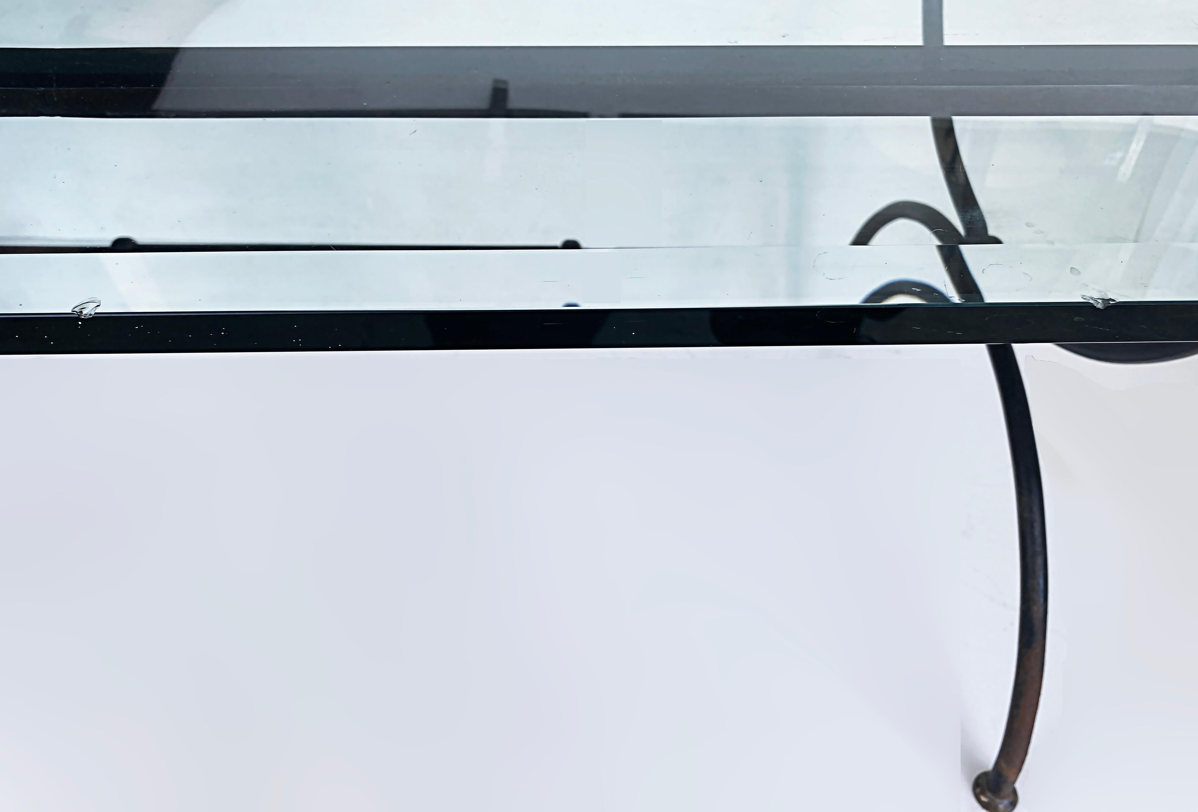 Ovaler, pulverbeschichteter Schmiedeeisen-Esstisch mit dicker Glasplatte, Race-Track (Eisen) im Angebot