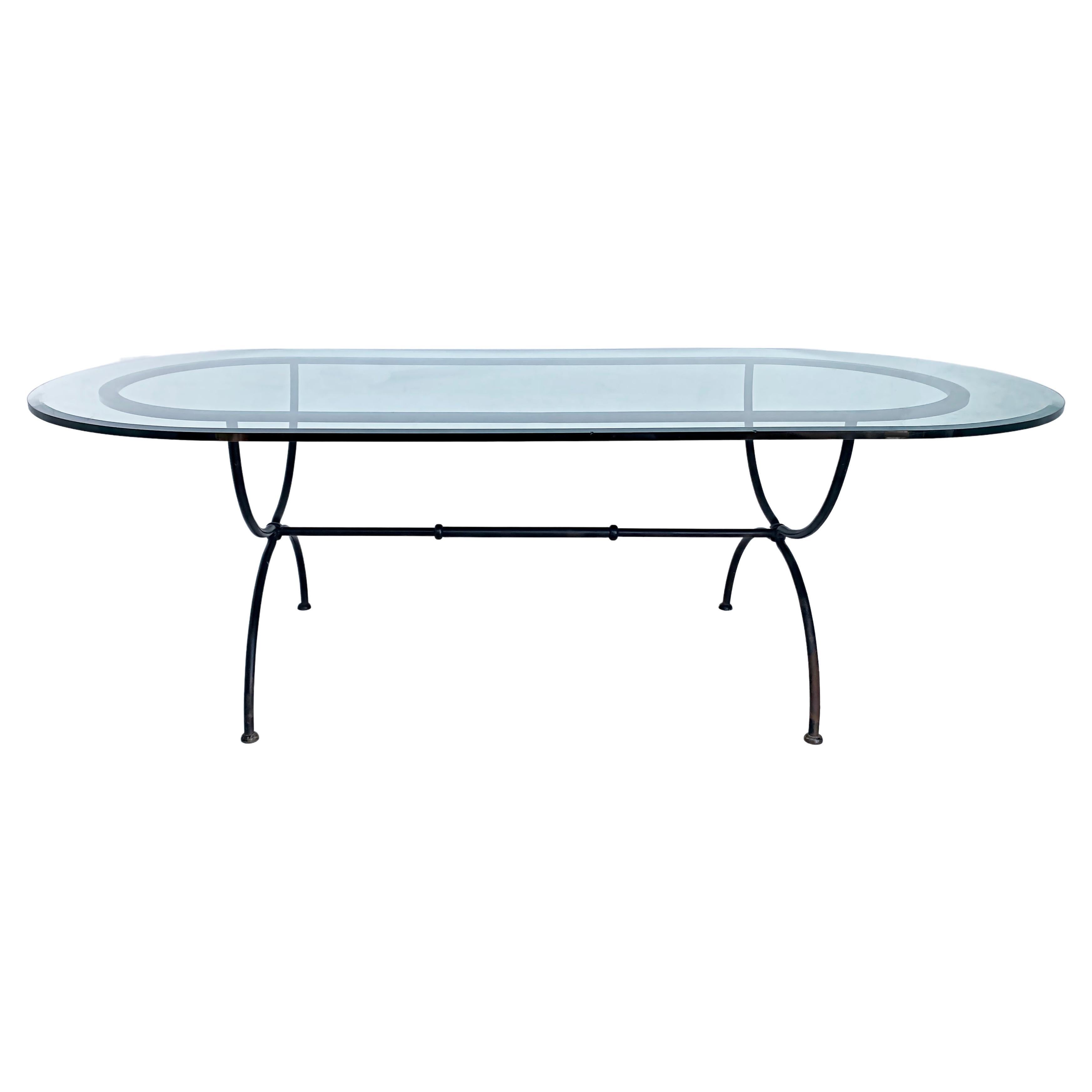 Race-Track Oval Powder-Coated Wrought Iron Dining Table with Thick Glass Top For Sale