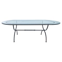 Vintage Race-Track Oval Powder-Coated Wrought Iron Dining Table with Thick Glass Top