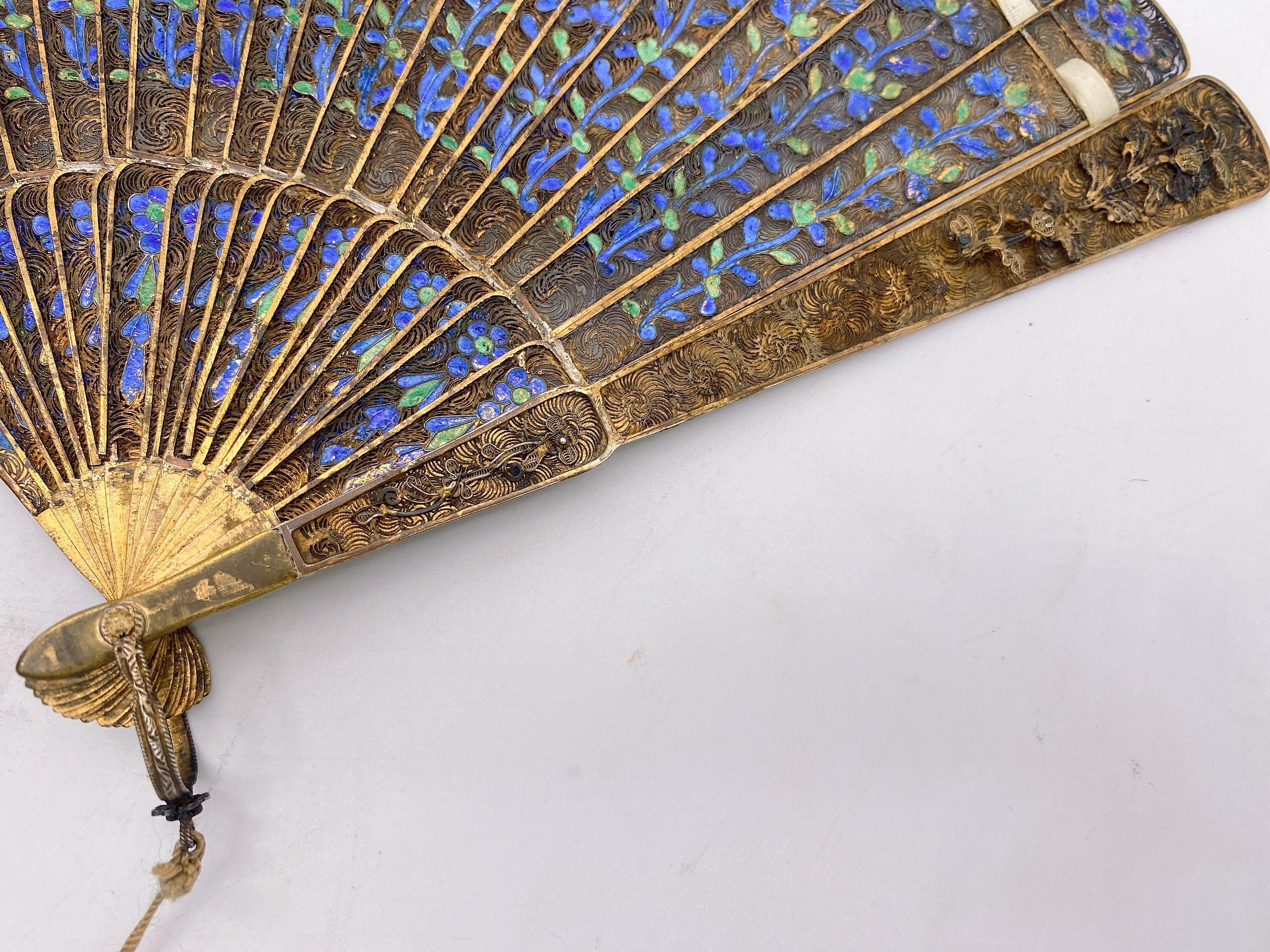 Rare Unique 17th Century Chinese Gilt Silver Filigree and Enamel Brise Fan For Sale 1