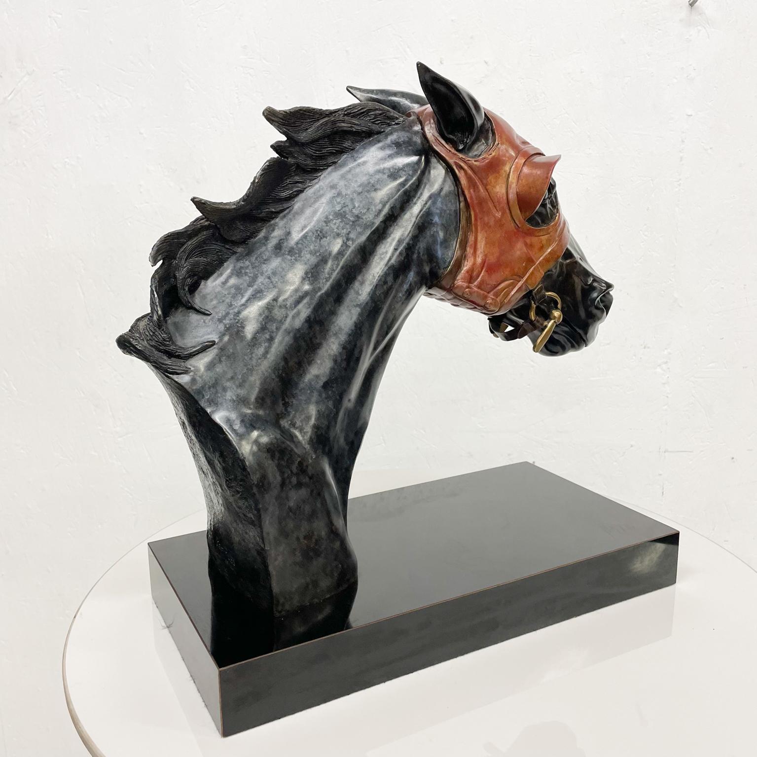  Racehorse Head Bust Sculpture Bronze Blinkers signed Pam Foss For Sale 4