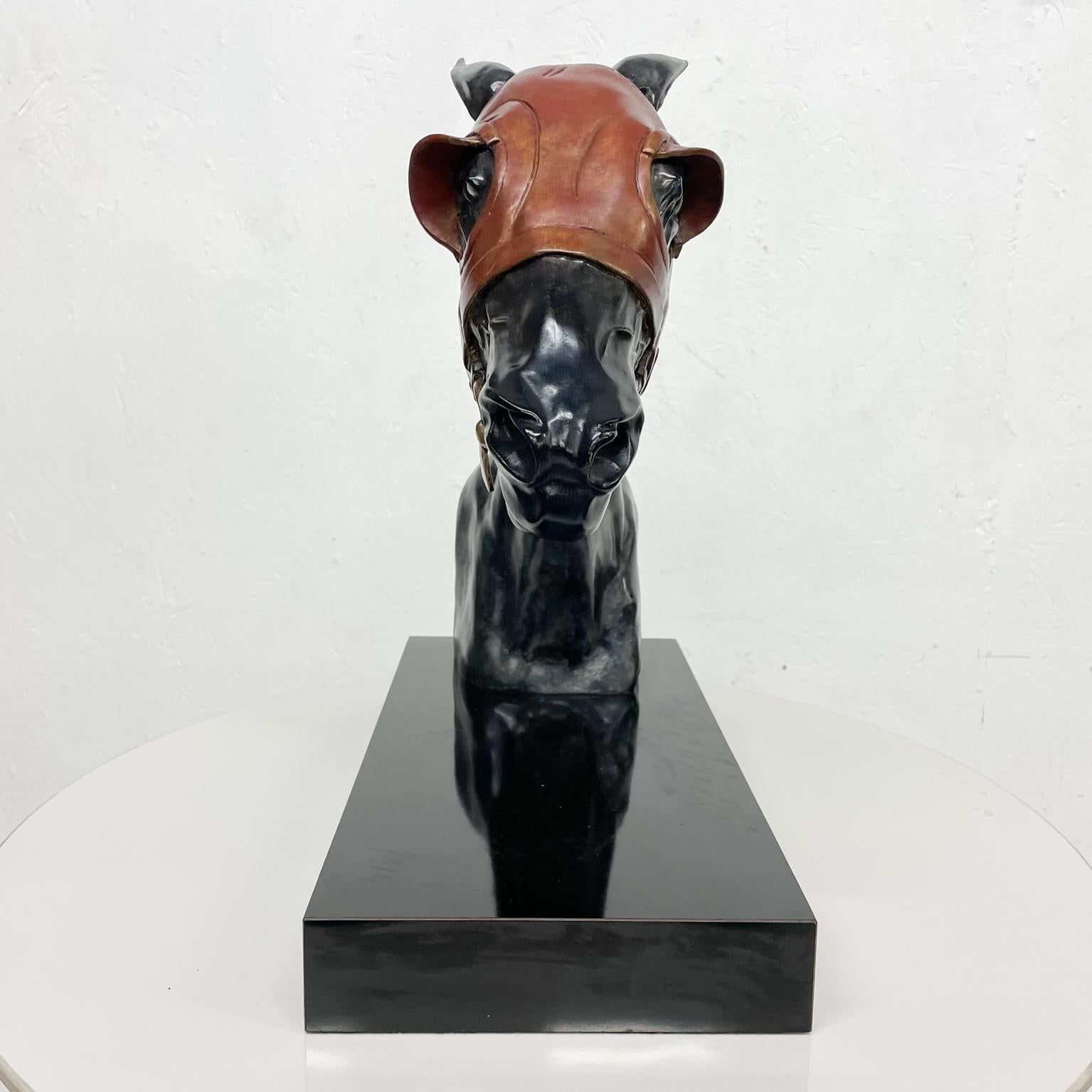 Studio Artist Pam Foss Racehorse Head with Blinker Hood in Bronze Formica Stone Wood Bronze Sculpture
Signed and numbered by artist Pam Foss
16.5 h x 8.13 w x 16 d inches
Original preowned vintage unrestored condition.
Refer to images provided.