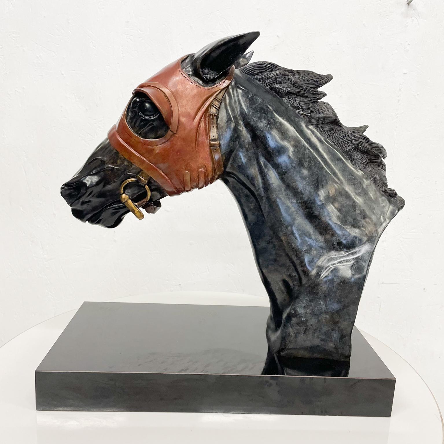  Racehorse Head Bust Sculpture Bronze Blinkers signed Pam Foss In Good Condition For Sale In Chula Vista, CA