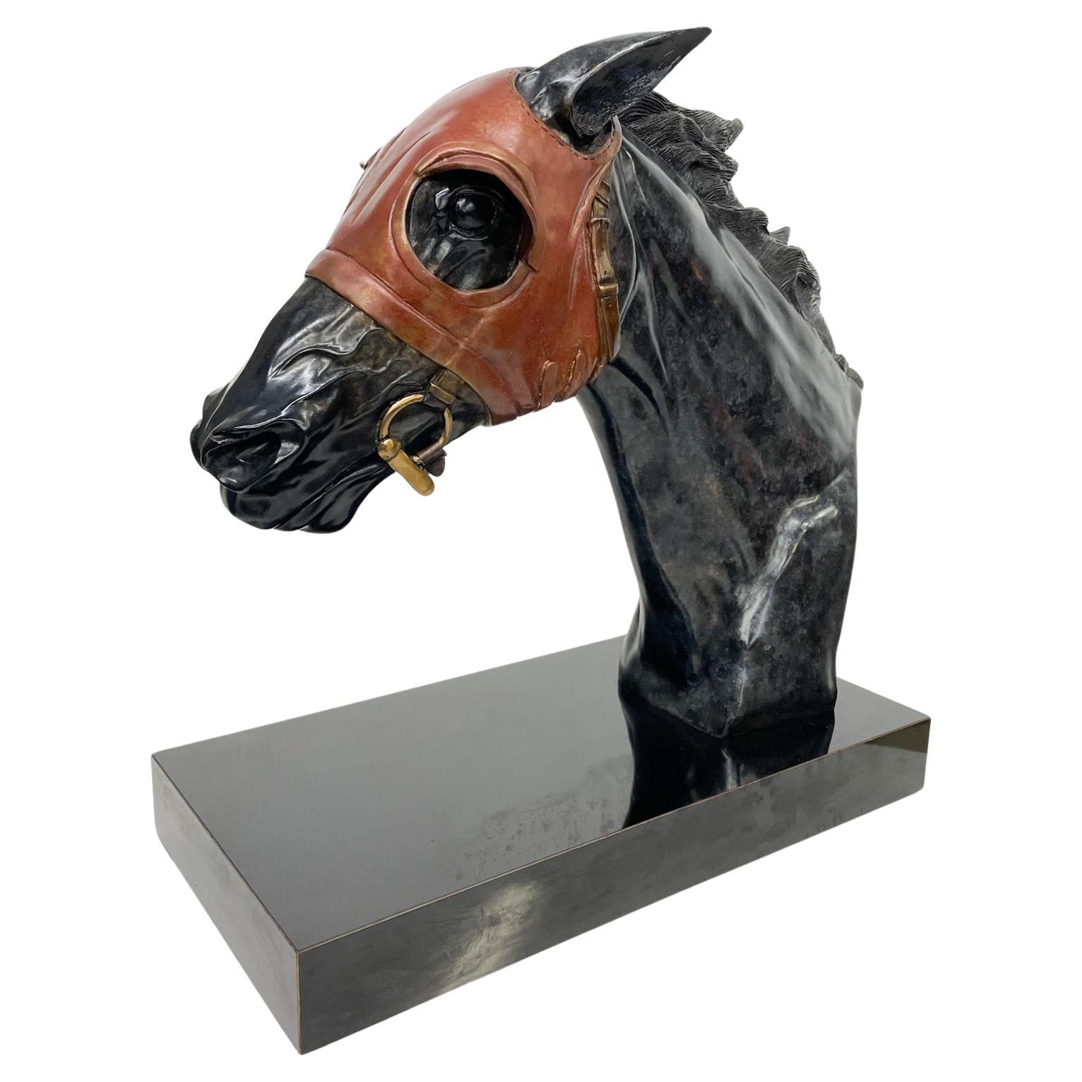  Racehorse Head Bust Sculpture Bronze Blinkers signed Pam Foss For Sale