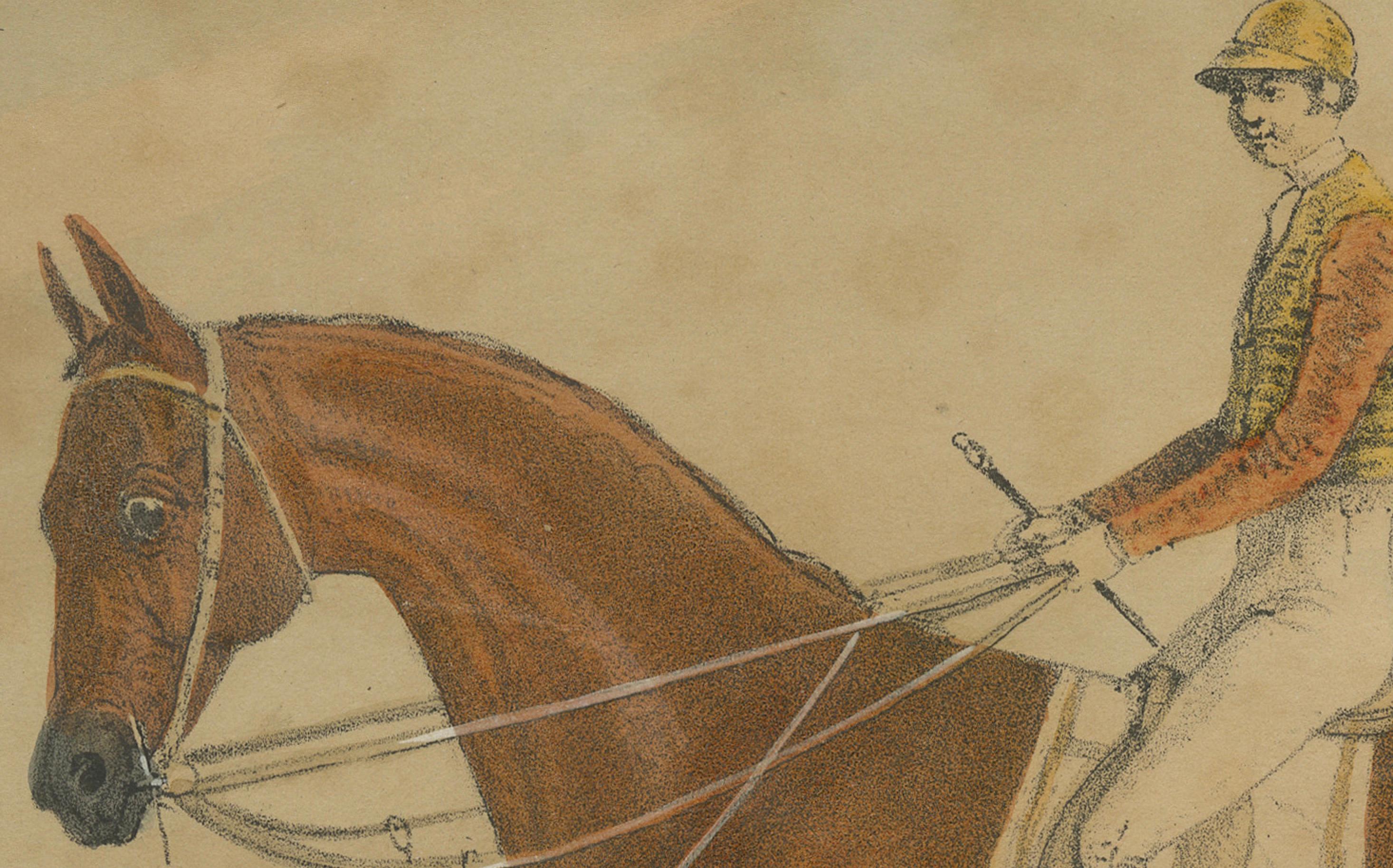 Rennpferd mit Jockey - Handkolorierte Lithographie aus dem 19. Jahrhundert, Britische Schule

Charmante handkolorierte Lithografie eines Rennpferdes mit Jockey aus dem 19. Jahrhundert, dargestellt im Profil während des Trainings oder Aufwärmens auf