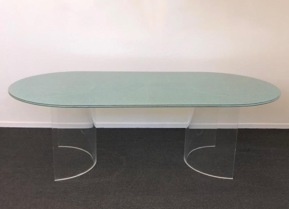 Modern Racetrack Crackle Glass and Lucite Dining Table by Steve Chase