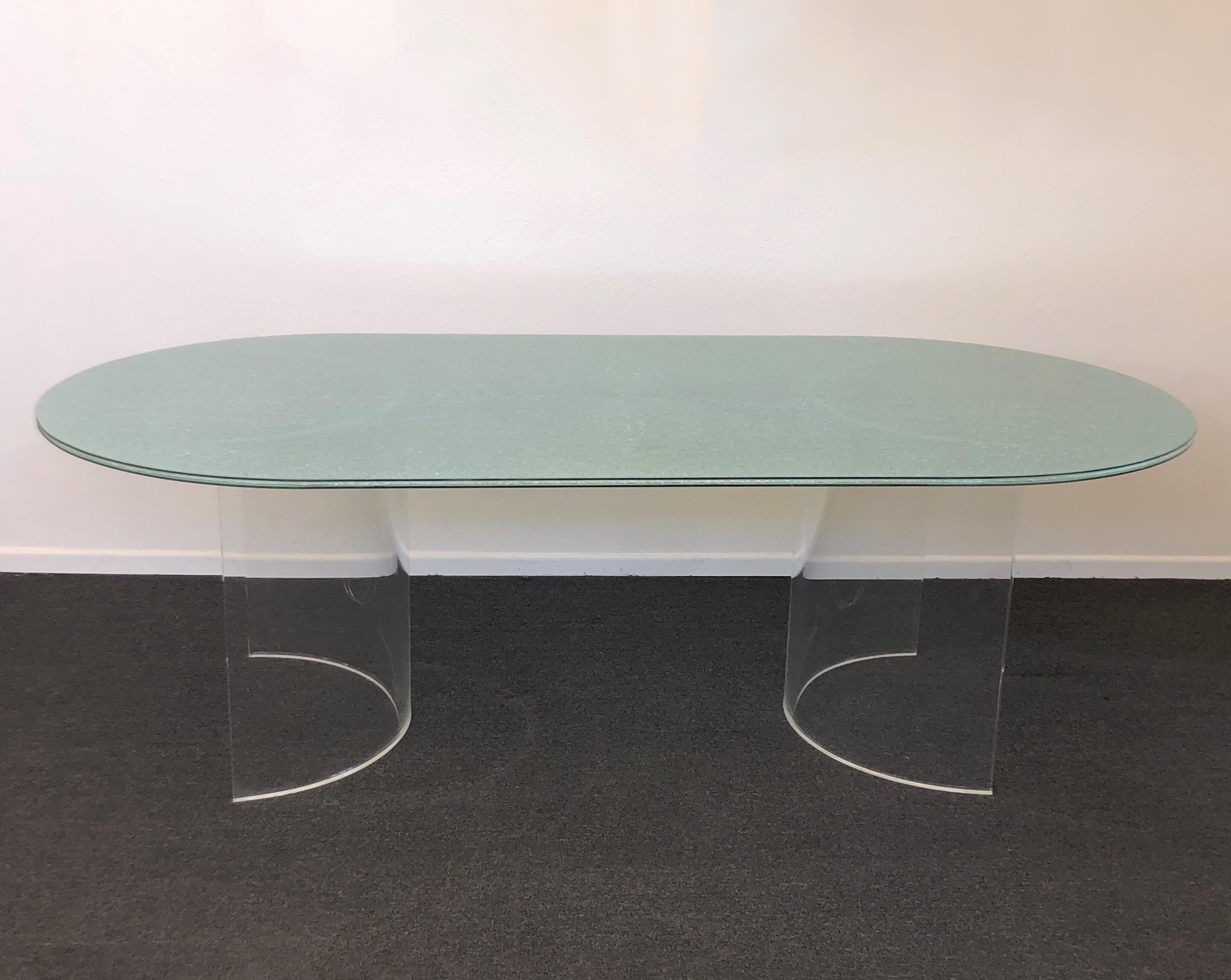 Modern Racetrack Crackle Glass and Lucite Dining Table by Steve Chase