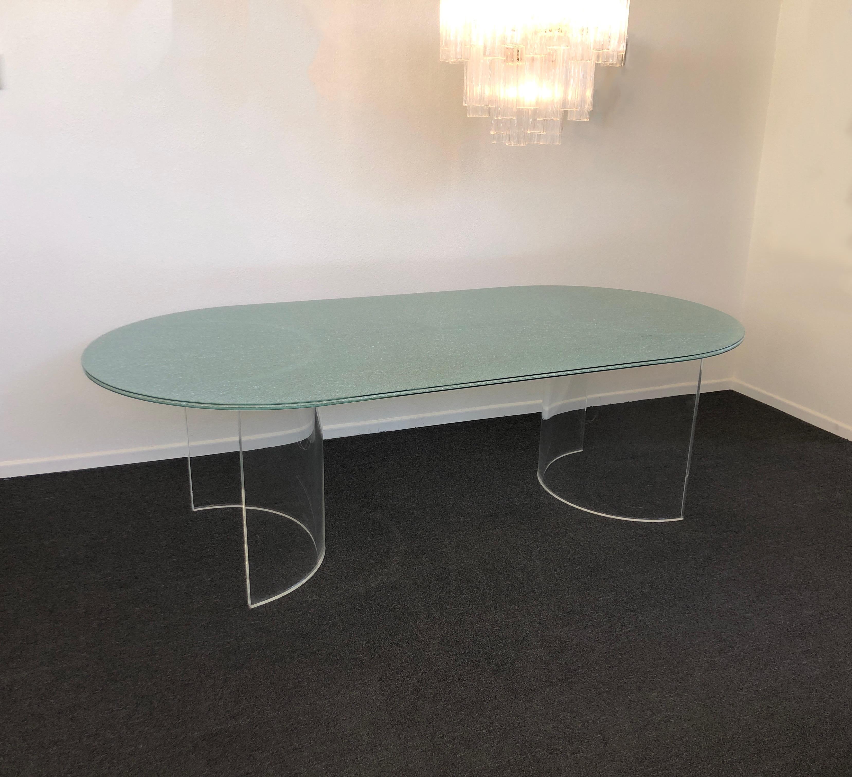 Polished Racetrack Crackle Glass and Lucite Dining Table by Steve Chase