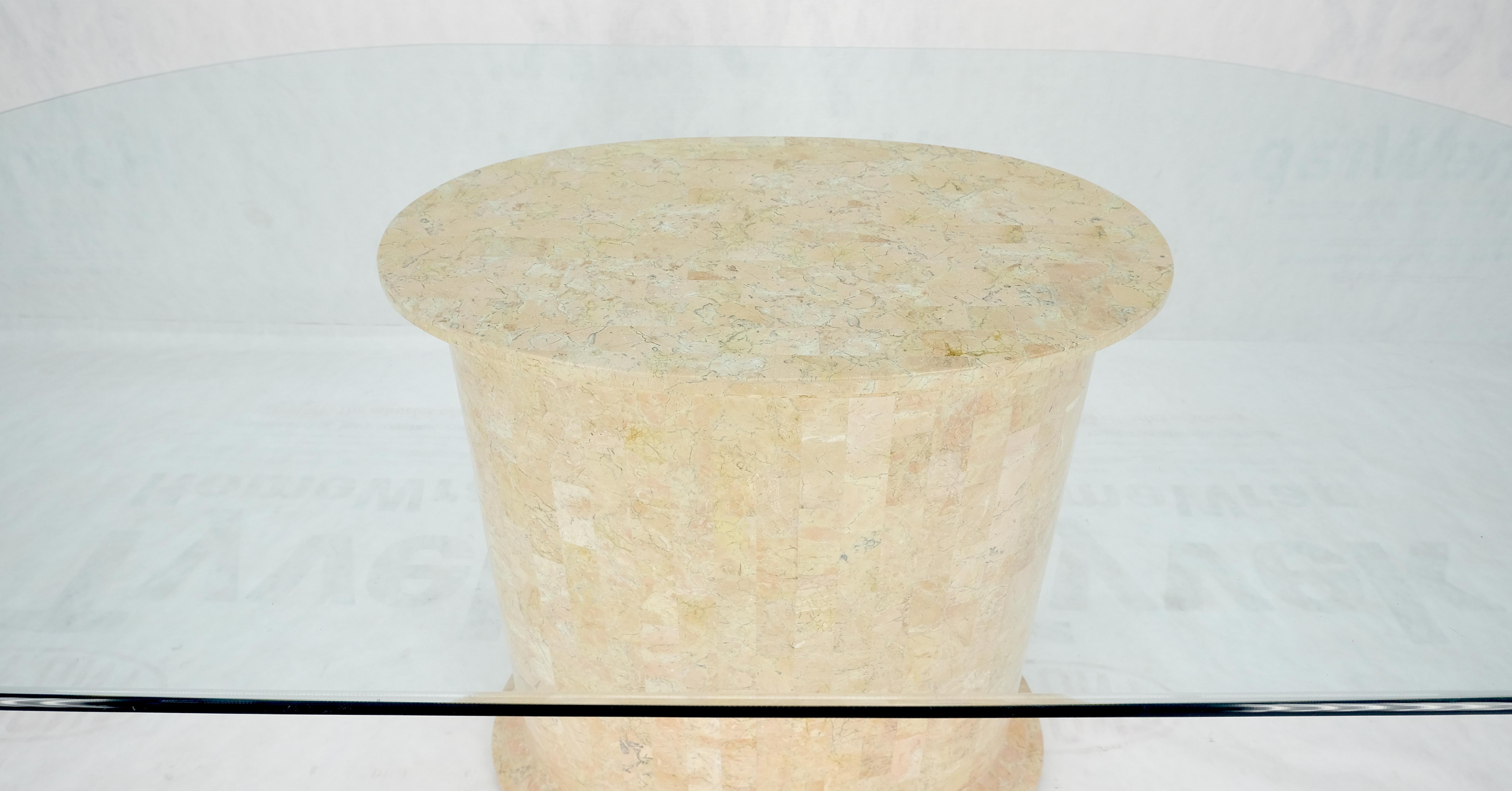 Racetrack Oval Glass Top Single Tessellated Marble Pedestal Base Dining Table MINT.
