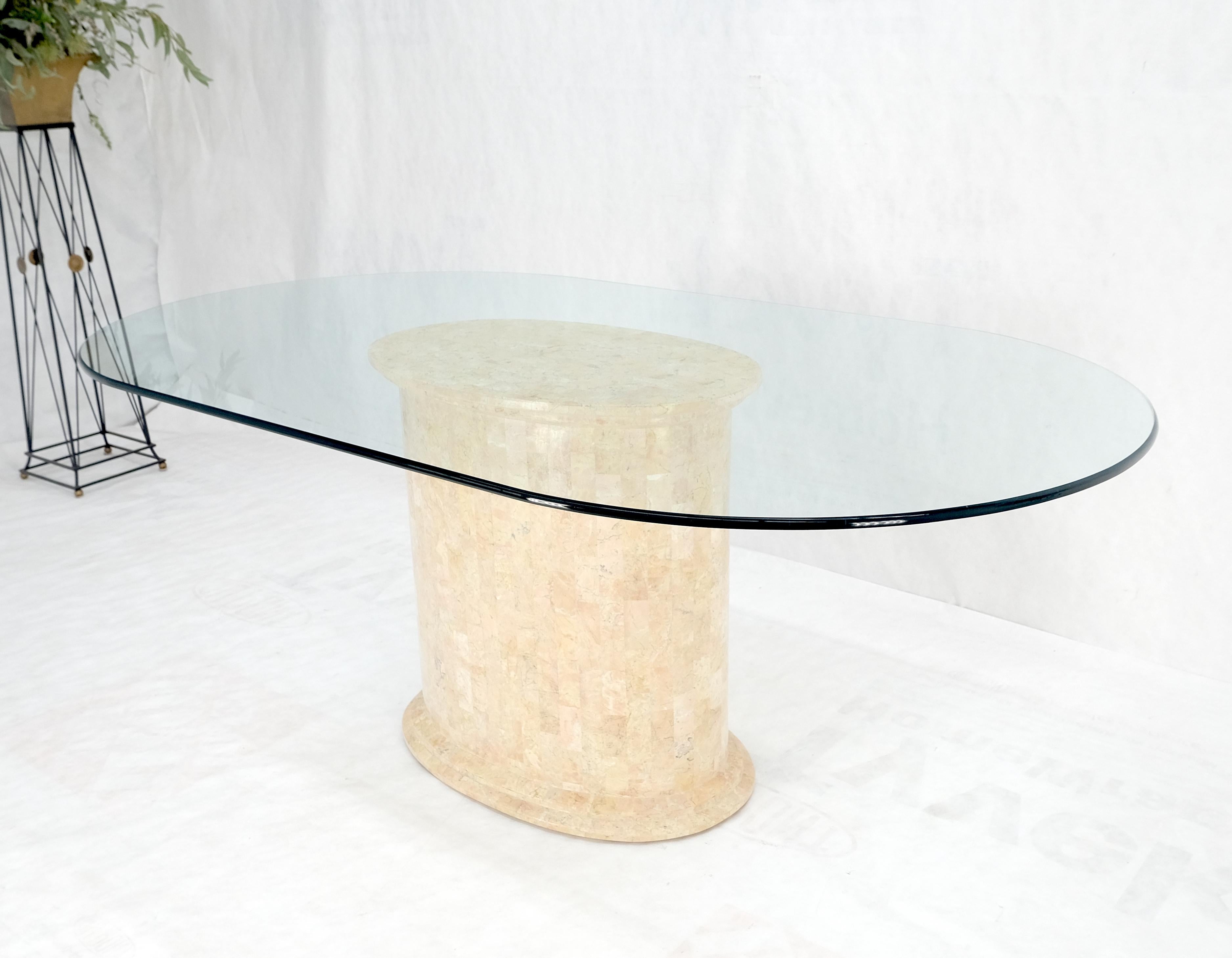 Mid-Century Modern Racetrack Oval Glass Top Single Tessellated Marble Pedestal Base Dining Table  For Sale