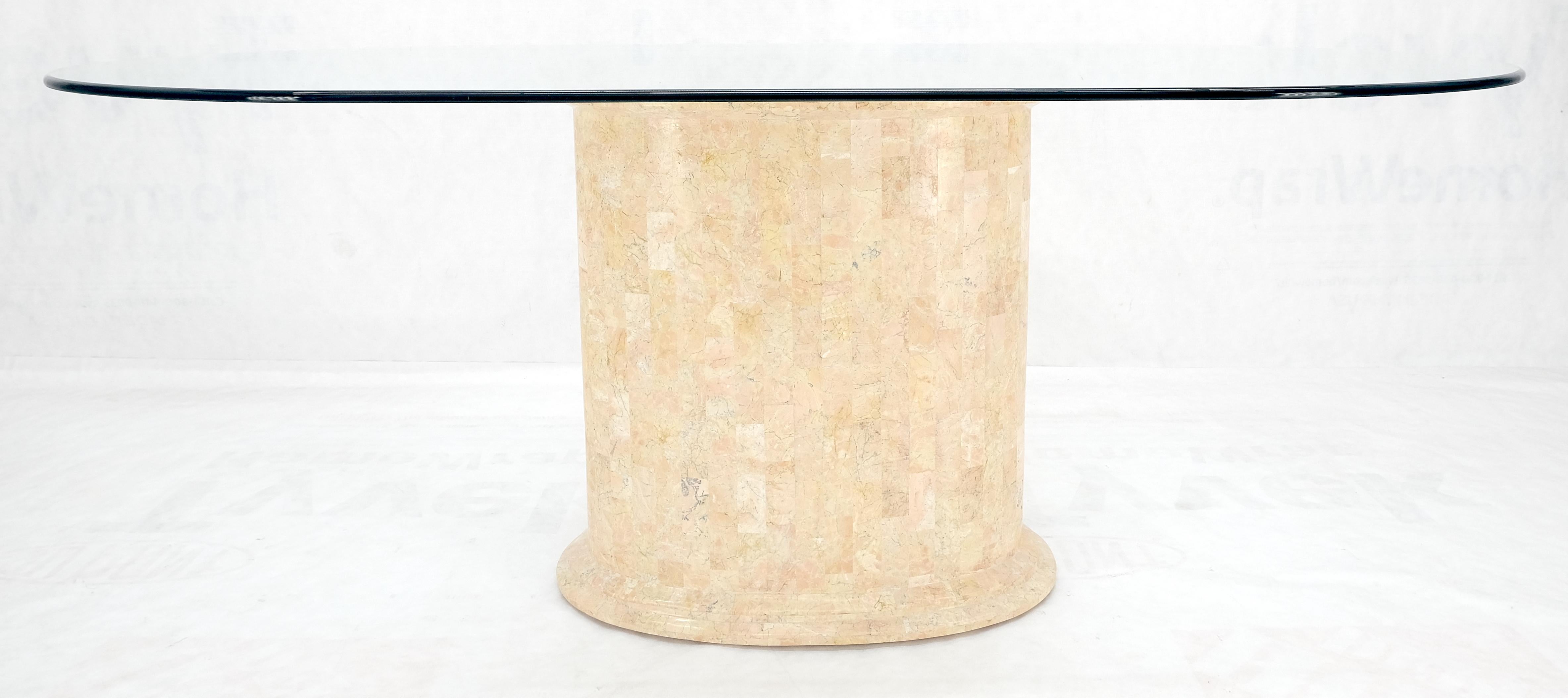 Racetrack Oval Glass Top Single Tessellated Marble Pedestal Base Dining Table  In Good Condition For Sale In Rockaway, NJ