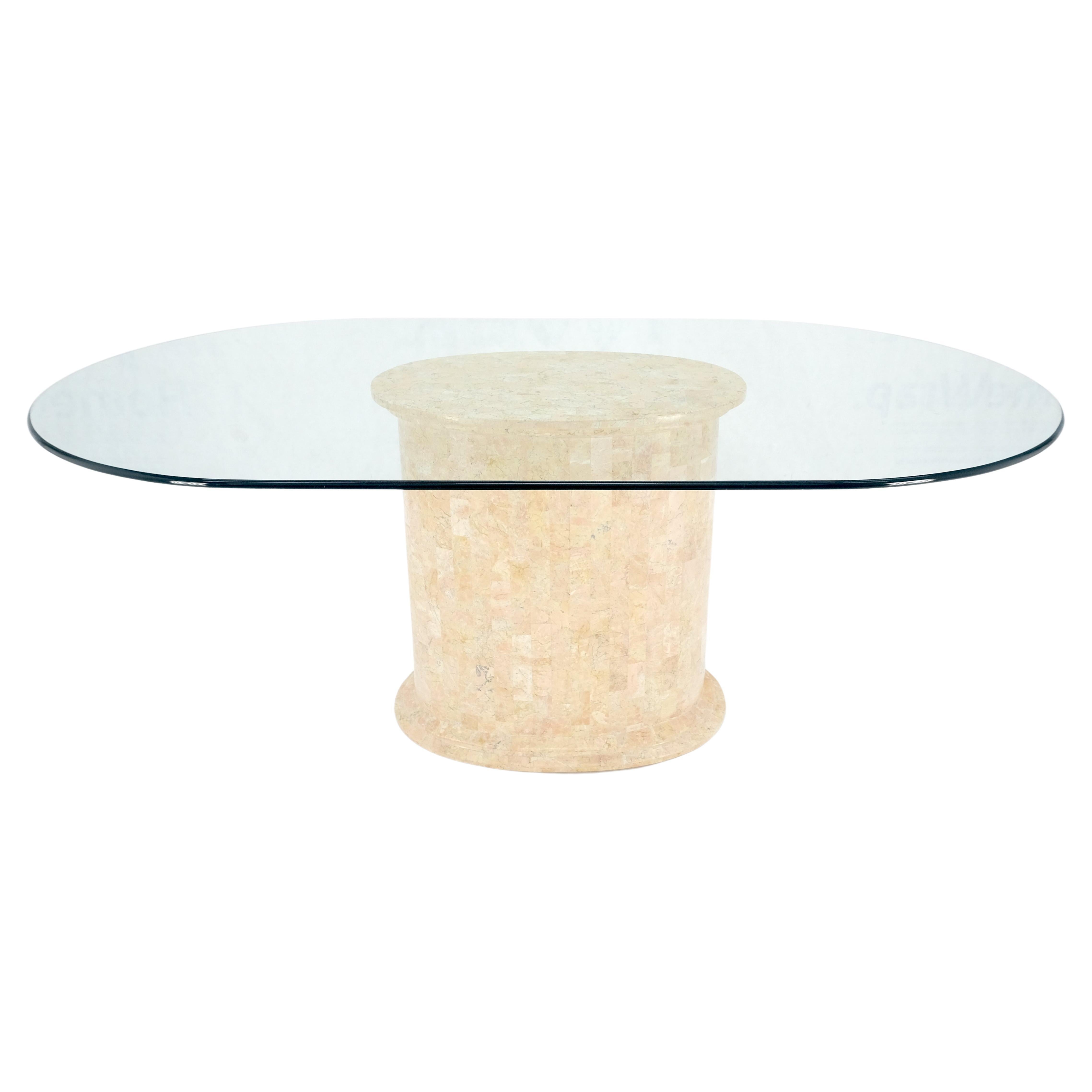 Racetrack Oval Glass Top Single Tessellated Marble Pedestal Base Dining Table  For Sale