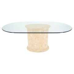 Racetrack Oval Glass Top Single Tessellated Marble Pedestal Base Dining Table 