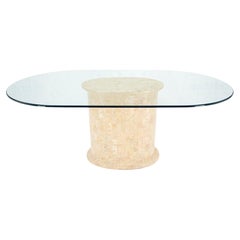 Racetrack Oval Glass Top Single Tessellated Marble Pedestal Base Dining Table