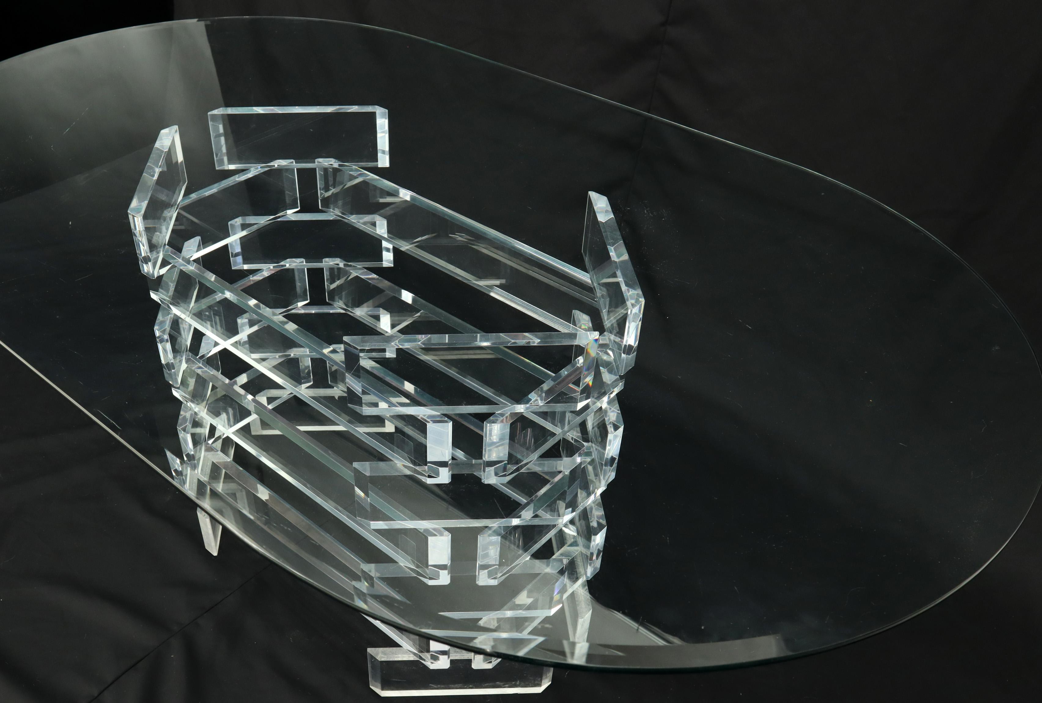 20th Century Racetrack Oval Glass Top Stacked Lucite Blocks Base Dining Table For Sale