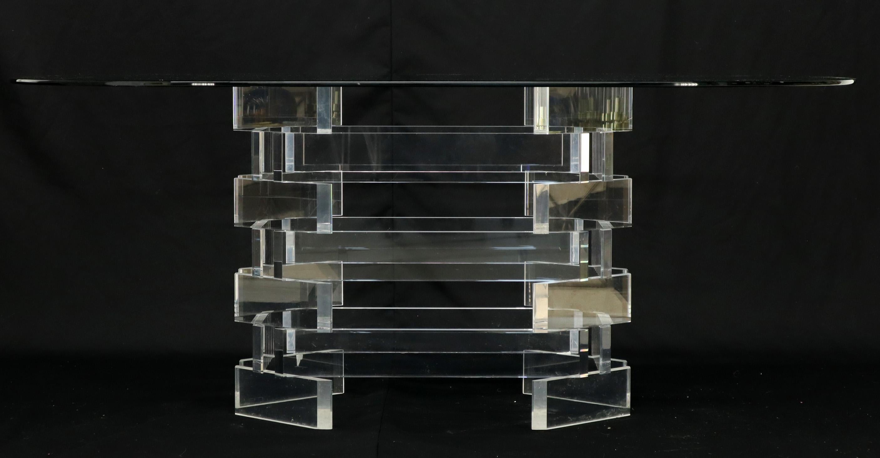 Racetrack Oval Glass Top Stacked Lucite Blocks Base Dining Table For Sale 1