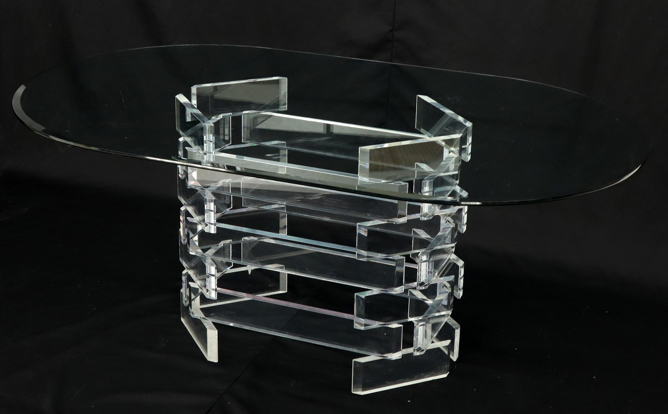 Racetrack Oval Glass Top Stacked Lucite Blocks Base Dining Table For Sale 2