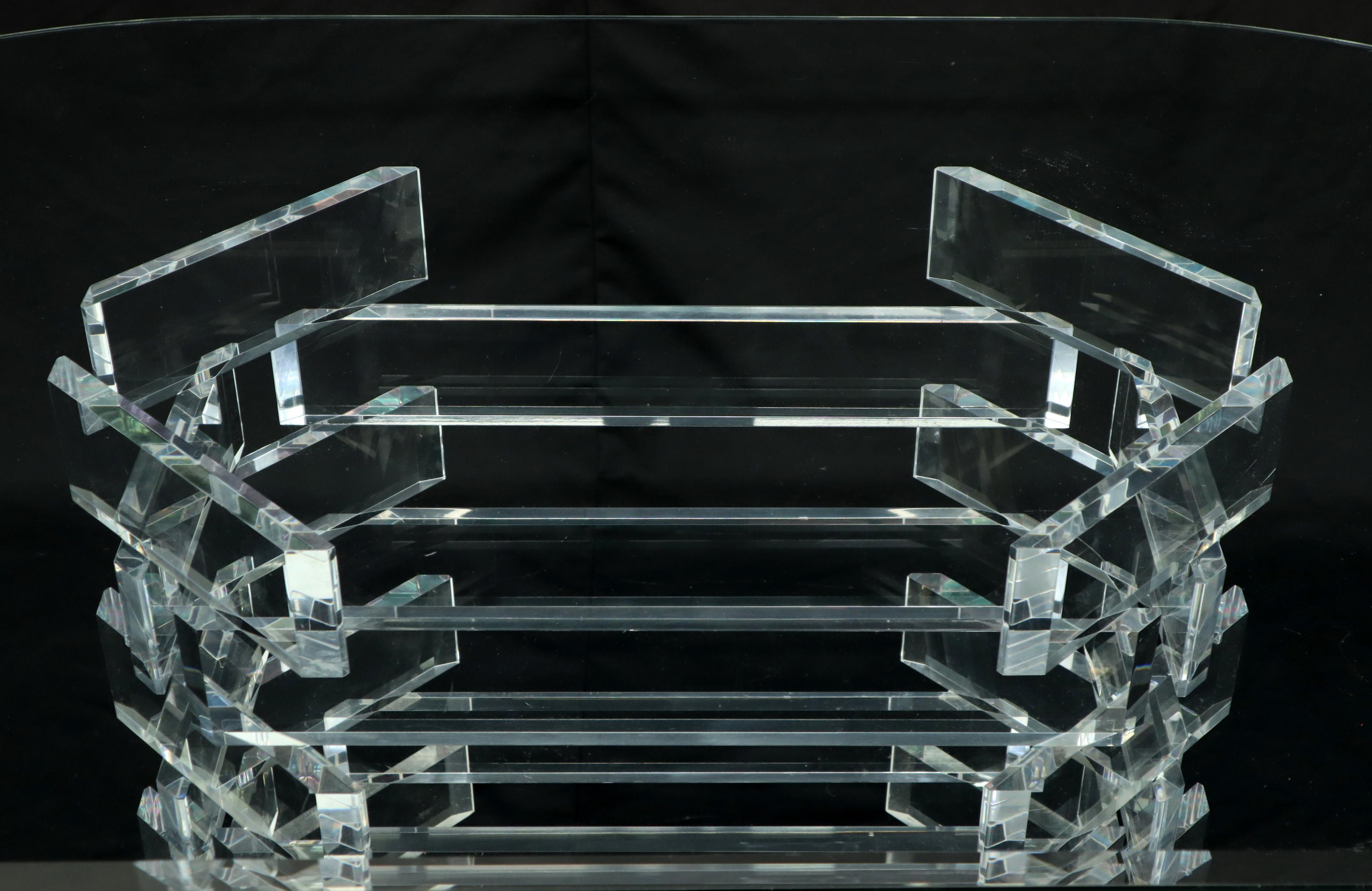 Mid-Century Modern Racetrack Oval Glass Top Stacked Lucite Blocks Base Dining Table For Sale