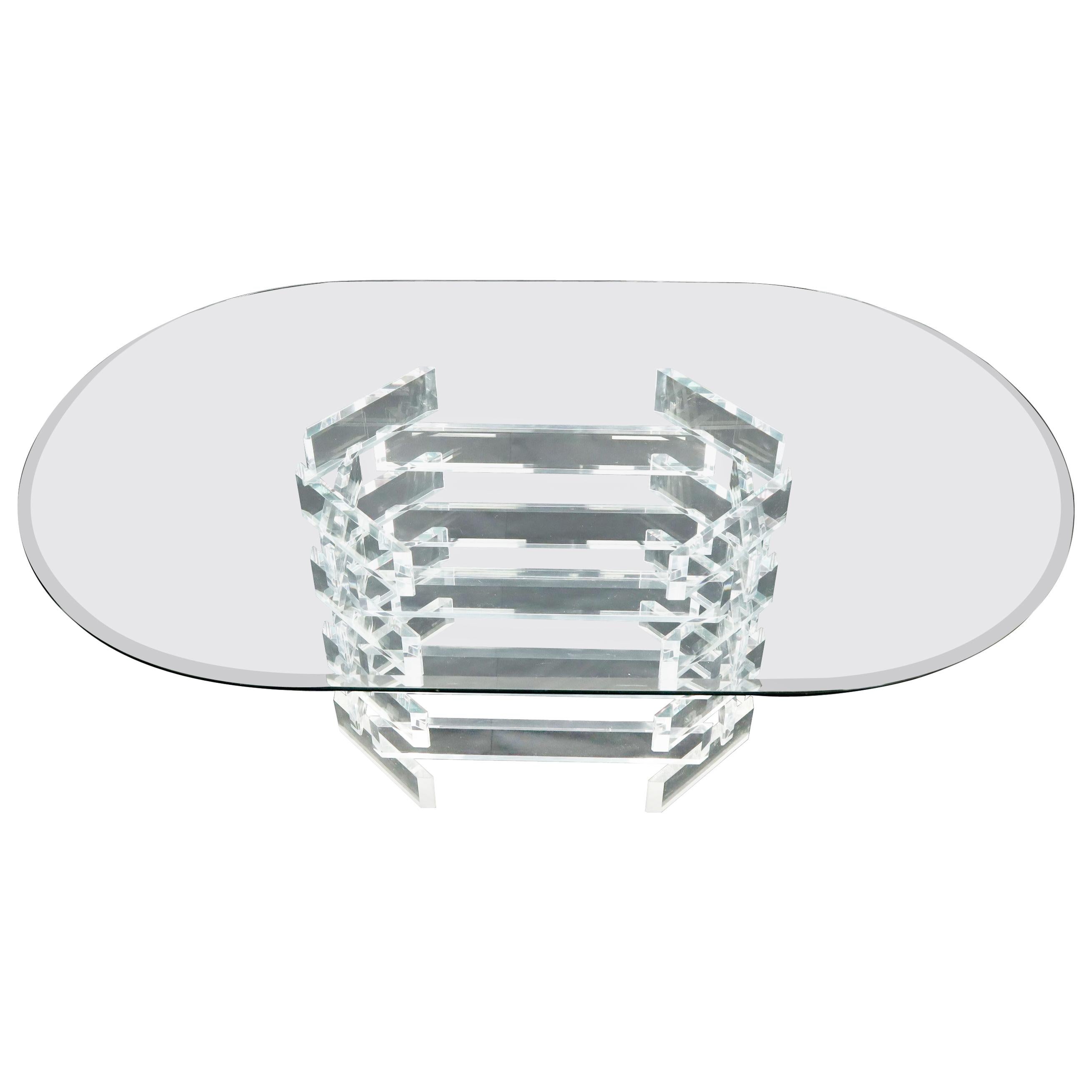 Table de salle à manger de course à plateau ovale avec plateau en verre empilé et base en blocs de Lucite