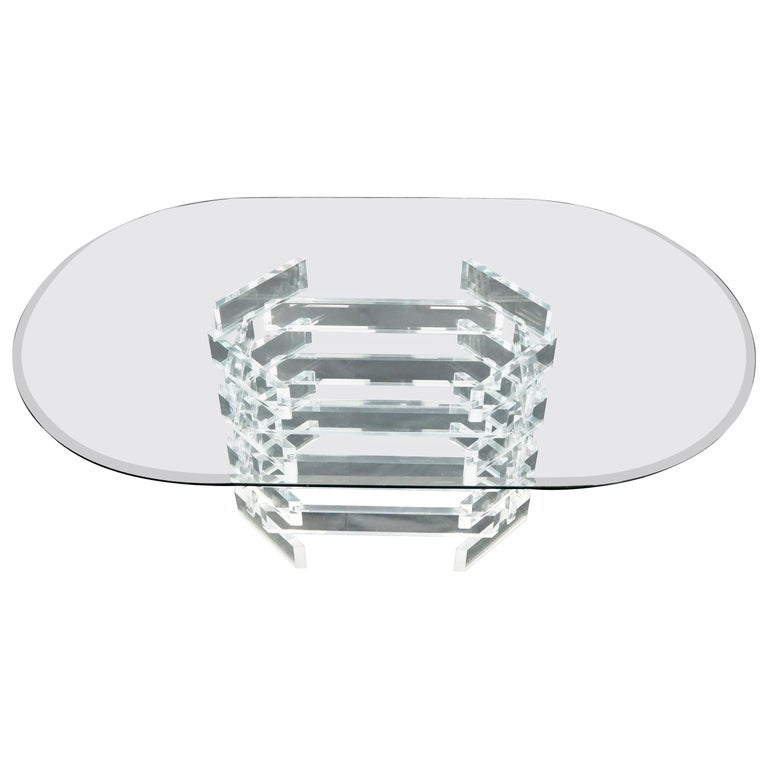 Racetrack Oval Glass Top Stacked Lucite Blocks Base Dining Table For Sale